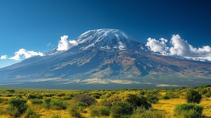 Naklejka premium Majestic Mount Kilimanjaro Rising Above Savanna - Minimalist Wide-Angle View in Tanzania