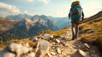 Obraz premium A hiker walking uphill on a mountain trail, with a clear view of the path ahead, as the hiker loses his backpack and looks visibly more relaxed and free