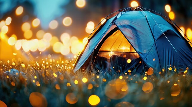 camping on a grass field at night lit by artificial lights, in the style of romantic and nostalgic themes, dark gray and blue, glittery, award-winning, pretty, utilizes