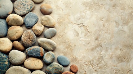 Vintage beige stone background with multicolored pebbles