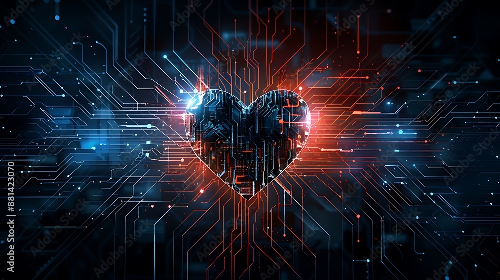 Poster a heart made of glowing digital pixels, symbolizing the futuristic and technological nature of love 