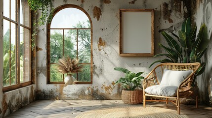 Naklejka premium Nomadic Style Interior: Minimalist Frame Mockup, 3D Visualization