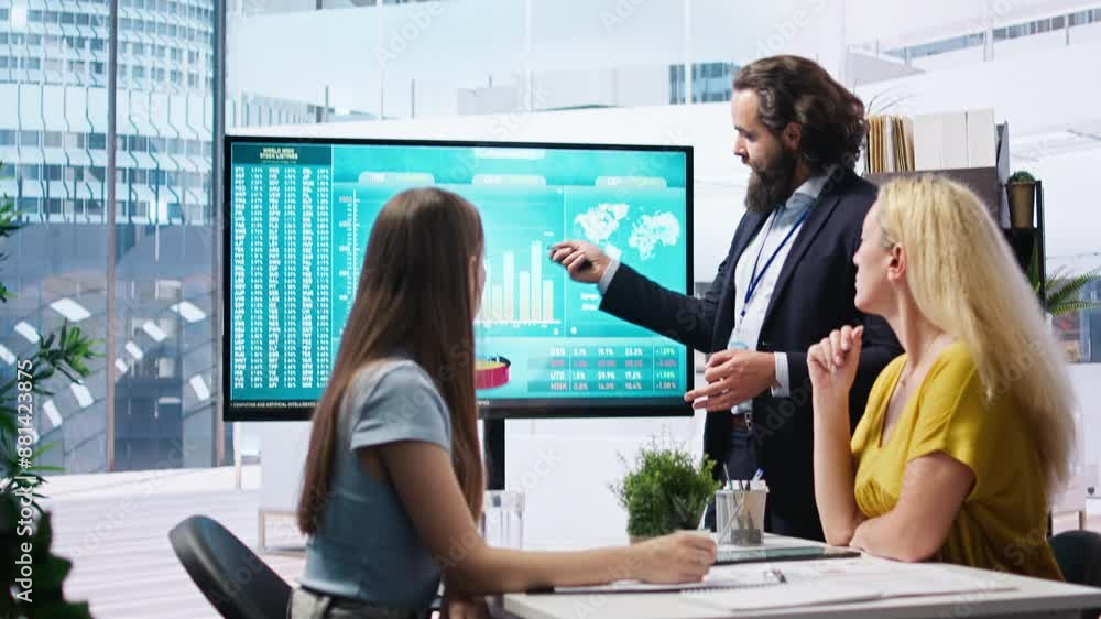 Poster financial adviser presents market analytics to customers using large display, emphasizing data drive