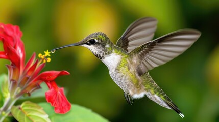 Fototapeta premium A vibrant hummingbird hovers near a red flower, captured in mid-flight with a blurred green background, showcasing the beauty of nature's small wonders.