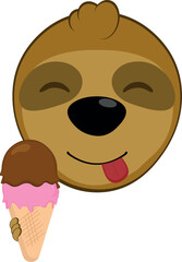 vector illustration face bear sloth character animal cartoon, with an ice cream  wafer cone in his hand and an yummy expression