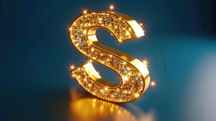 Golden letter S with sparkling light effects on a blue background, creating a luxurious and elegant design element for various uses.