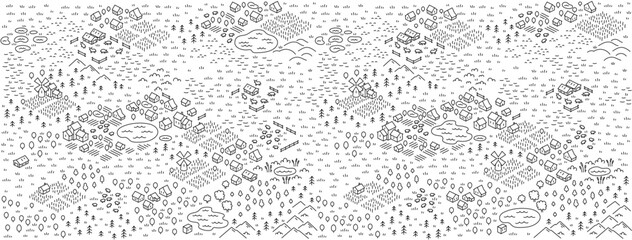 Vector Illustrations of isometry countryside village. Meadows fields wheat mill. Area map sketch. Vector editable outline line stroke. © Ilia
