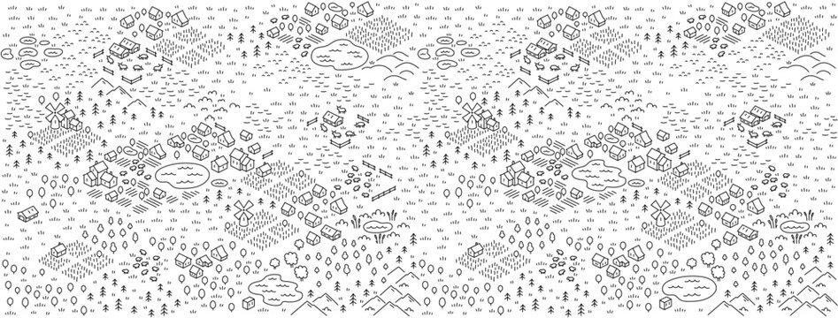 Vector Illustrations of isometry countryside village. Meadows fields wheat mill. Area map sketch. Vector editable outline line stroke.