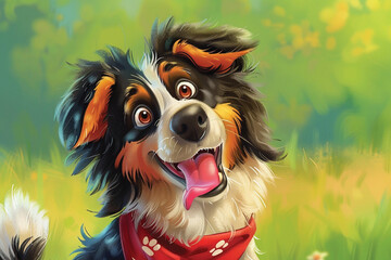Goofy cartoon dog with exaggerated floppy ears, a big nose, and a tongue hanging out, wearing a red bandana. Illustrated in a bright and colorful style with a playful expression.

