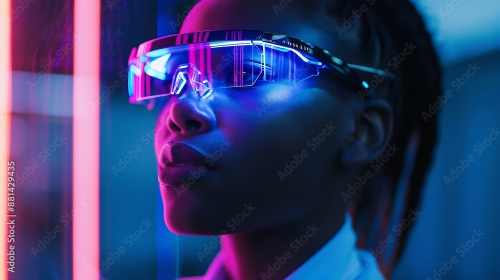 Wall mural Woman with Neon Glasses Gazing Upwards