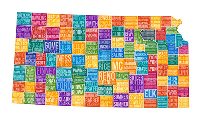 Kansas shape. State word cloud with county division. Kansas colored illustration. County names cloud. Vector illustration.