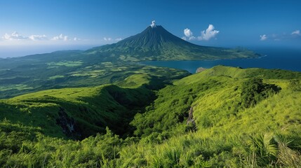 Obraz premium Majestic Mont PelÃ©e Volcano Rising Above Lush Martinique Landscape