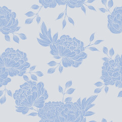 Hand Drawn Peony and Leaves Flower  Seamless Pattern
