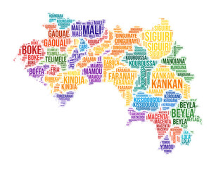 Obraz premium Guinea region word cloud. Country shape design. Guinea colored illustration. Region names collage cloud. Vector illustration.