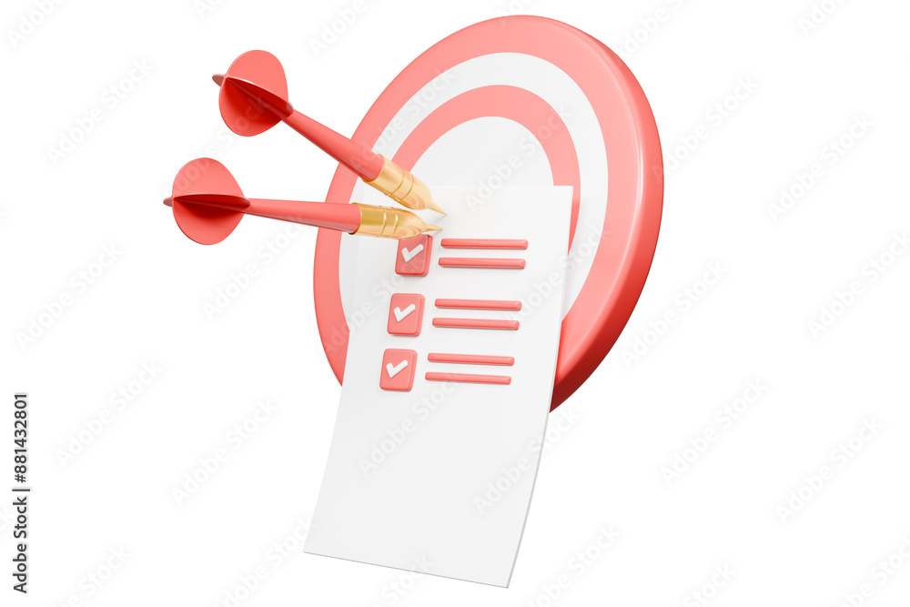 Aufkleber 3d red target with arrow and document approve icon isolated on purple background. teamwork goal achi