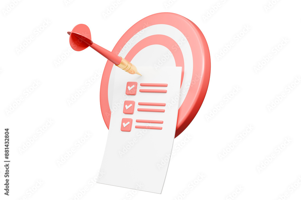 Poster 3d red target with arrow and document approve icon isolated on purple background. teamwork goal achi