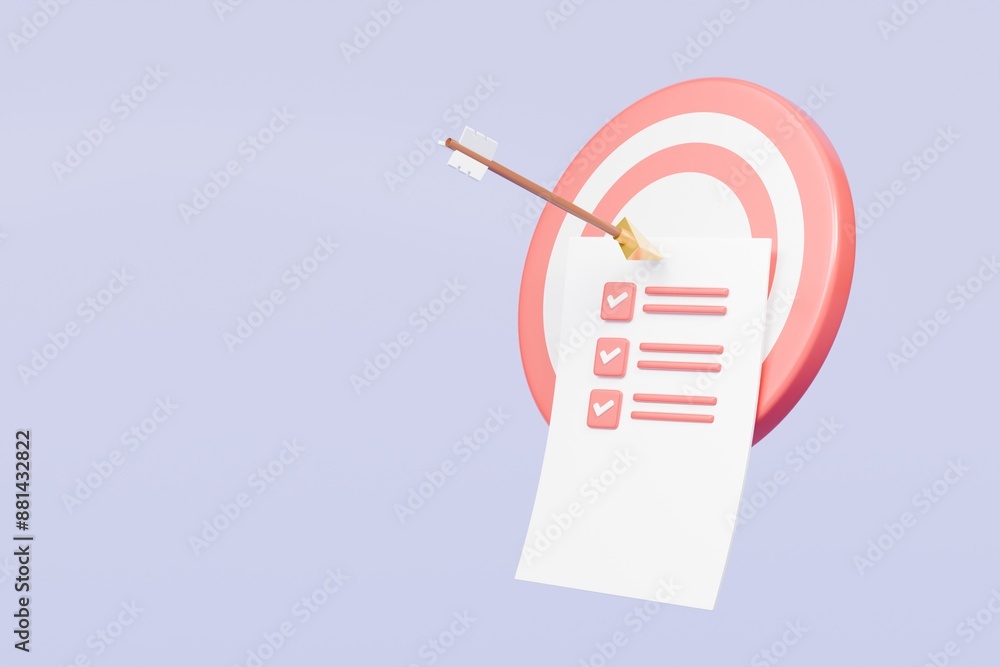 Poster 3d red target with arrow and document approve icon isolated on purple background. teamwork goal achi