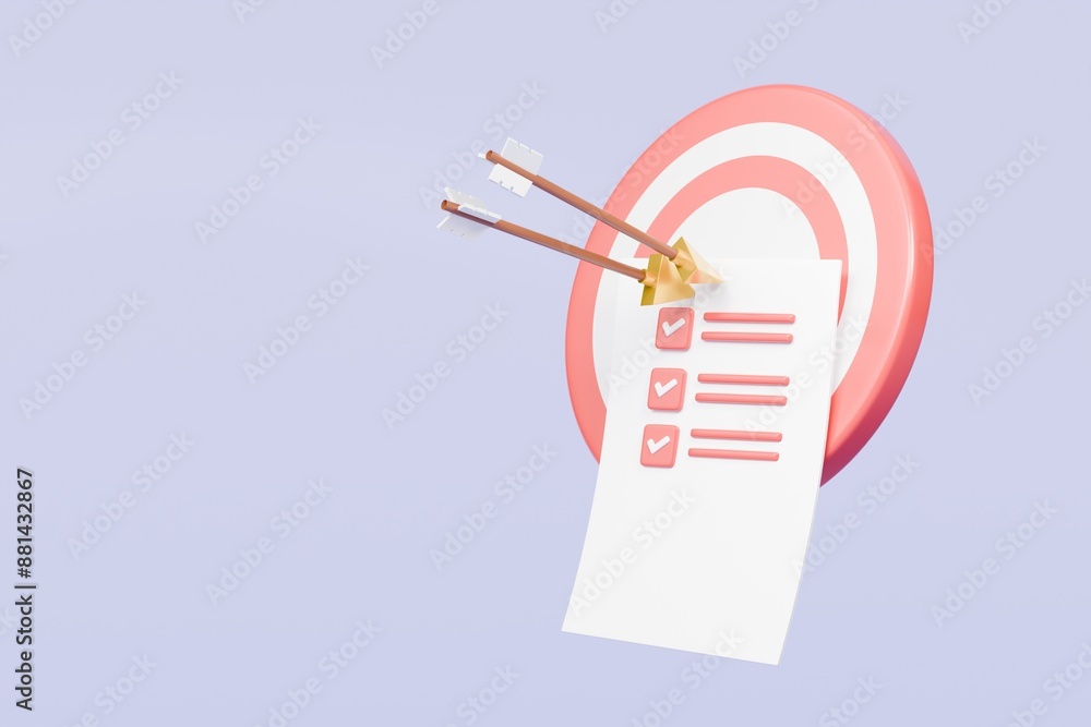 Poster 3d red target with arrow and document approve icon isolated on purple background. teamwork goal achi