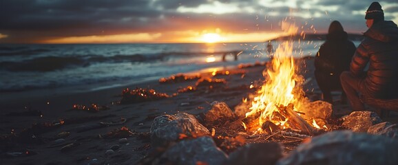 Autumn Friends Gathering: Cinematic Documentary Editorial Photography of Cozy Beach Bonfire at Soft Evening Light
