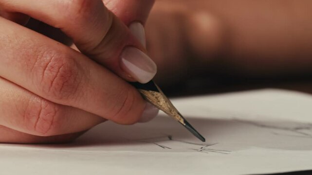 Young woman designer is drawing some clothes by pencil using ruler on white paper . The costume fashion designer making sketches for the work projects close-up. Drawing and sketching lessons
