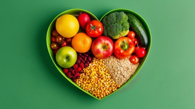 A vibrant photo showcasing a heart shaped bowl filled with nutritious diet foods, including fresh fruits, vegetables, and whole grains, promoting heart health and cardiovascular wellness. 