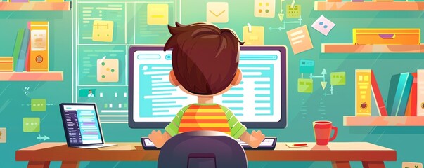 Coding lessons online, kids learning programming, flat design illustration