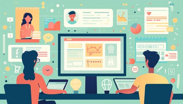 Elearning feedback system, students reviewing content, flat design illustration