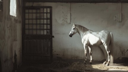 Solitary white horse in a stable with white walls