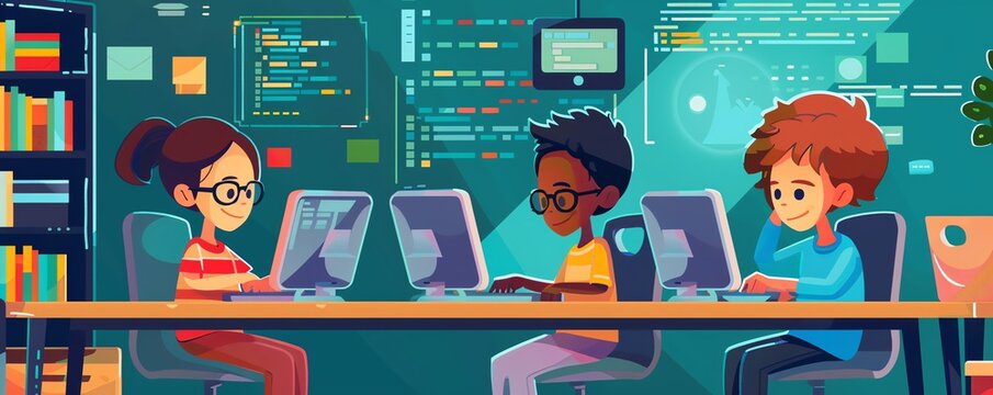 Coding lessons online, kids learning programming, flat design illustration