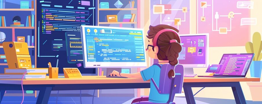 Coding lessons online, kids learning programming, flat design illustration