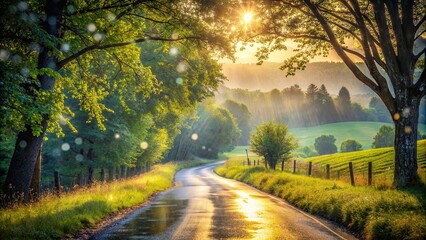 Obraz premium Lush country road winding through dreamlike backlit landscape with rainy bokeh reflections , country road, winding, lush