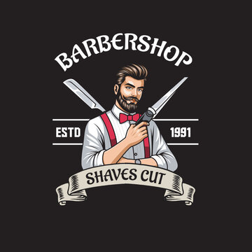 Vector Illustration of Barberman Holding Clipper with Scissors and Razor Blade in Vintage Illustration Available for Barber Badge