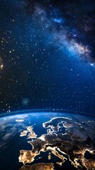 Fototapeta premium Aerial view of Europe at night with glowing city lights and cosmic starry sky. Astronomy concept