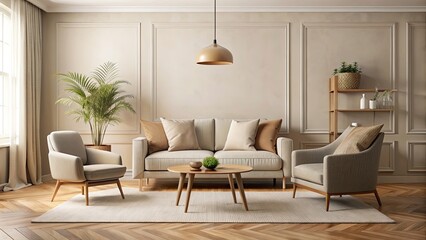 Neutral beige interior with a cozy sofa and chair , room, interior, beige, furniture, home, design, comfortable, minimalist