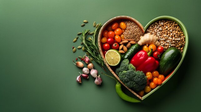 A vibrant photo showcasing a heart shaped bowl filled with nutritious diet foods, including fresh fruits, vegetables, and whole grains, promoting heart health and cardiovascular wellness.  - Powered by Adobe