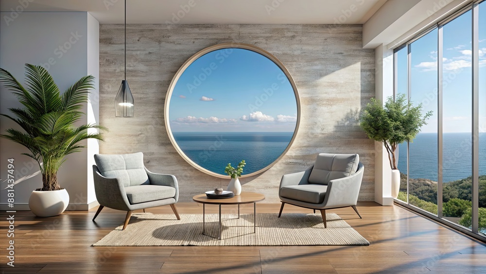 Canvas Prints Modern minimalist summer interior with two armchairs, a round mirror, and a view of the sea and rocks outside