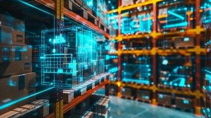 Naklejka premium Smart warehouse management system using augmented reality technology to identify package picking and delivery . Future concept of supply chain and logistic business