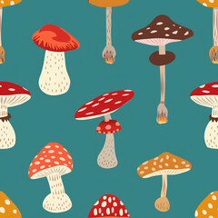 Whimsical Cartoon Mushrooms on Teal Background
