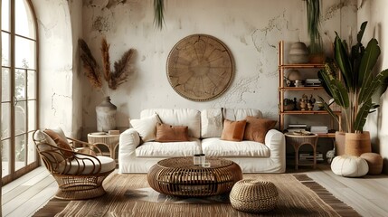 Bohemian interior design of living room with sofa and rattan furniture