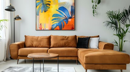 Real photo of a cozy brown corner sofa with decorative pillows
