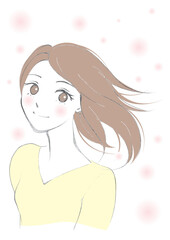 髪をなびかせて笑顔を浮かべる黄色い服の女性-縦型