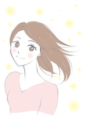 髪をなびかせて笑顔を浮かべるピンクの服の女性