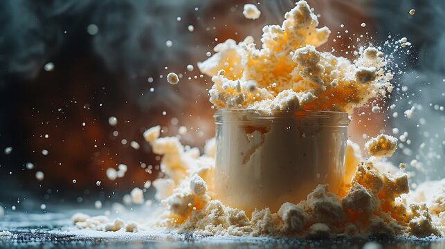 Coffee mug breaking into cloud of white powder.
