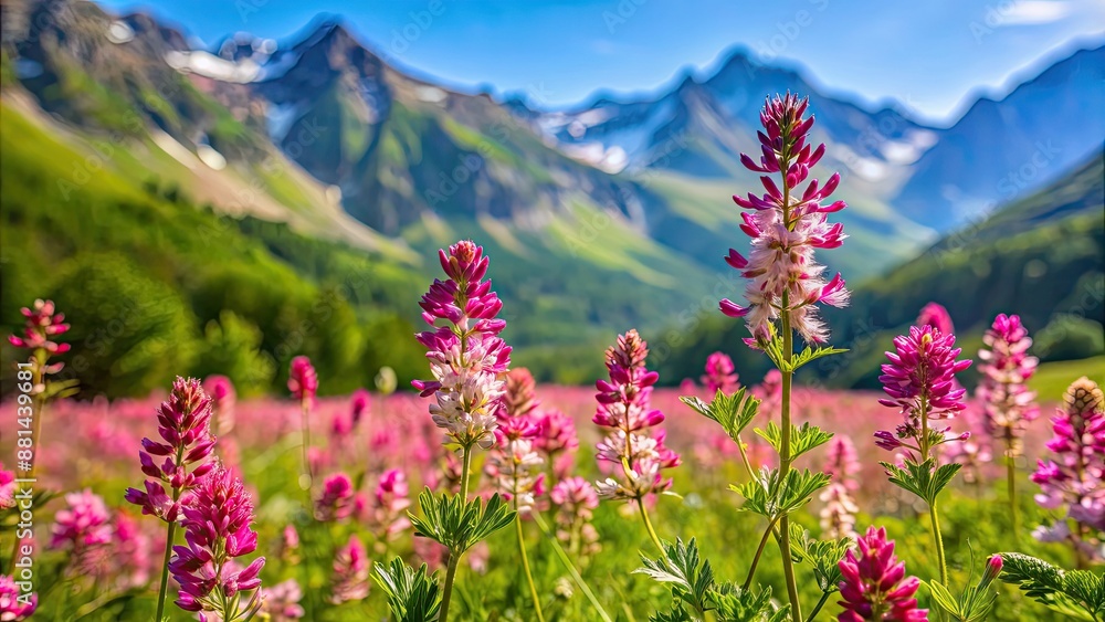 Wall mural Mountain flowers of Fumaria officinalis blooming in a vibrant meadow , Fumaria officinalis, mountain flower, wildflower