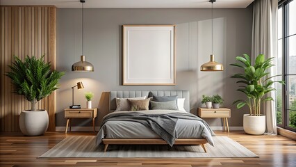 Mock up poster frame hanging on a modern bedroom wall with stylish interior decor, mockup, poster, frame, modern, bedroom, wall