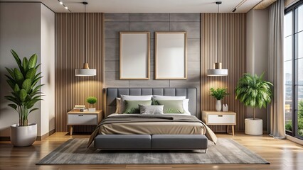 Modern bedroom interior with a mock up poster frame, modern, bedroom, interior, mock up, poster, frame, design, decor