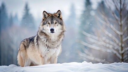 Obraz premium Majestic gray wolf surrounded by a snowy landscape, wolf, snow, wilderness, nature, predator, cold, winter, wild, animal, beautiful