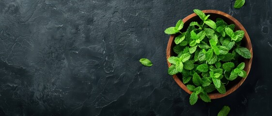 Fresh Green Mint Leaves in Wooden Bowl on Dark Slate Background - Top View