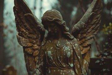 Obraz premium Close-up of stone angel statue with aging details