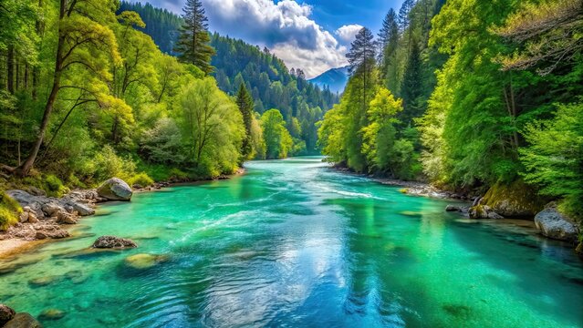Peaceful turquoise river flowing through a serene forest , Summer Solstice, harmony, nature, calm, tranquility
